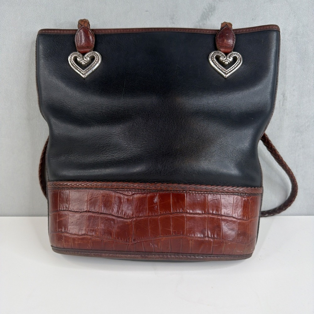 Brighton Leather Shoulder Bag Black Brown Croc Embossed Heart Hardware Vintage